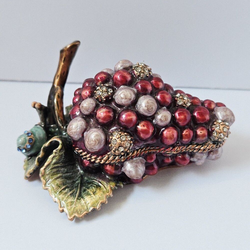 Red Grapes Cluster Trinket Box Enamel over Metal Bejeweled Hinged w/Snail *READ*